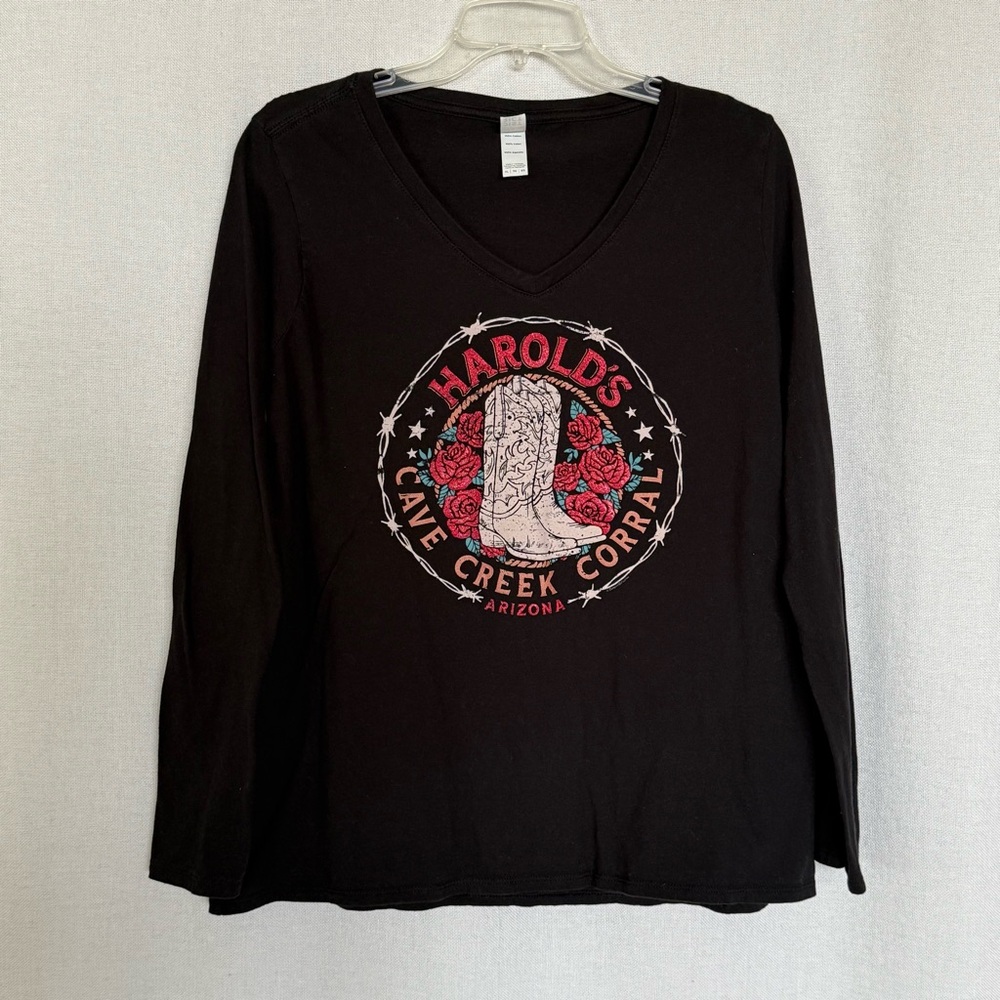 Graphic Tee-Cowboy Bar-Sparkles-Long Sleeve-V Neck-Size XL